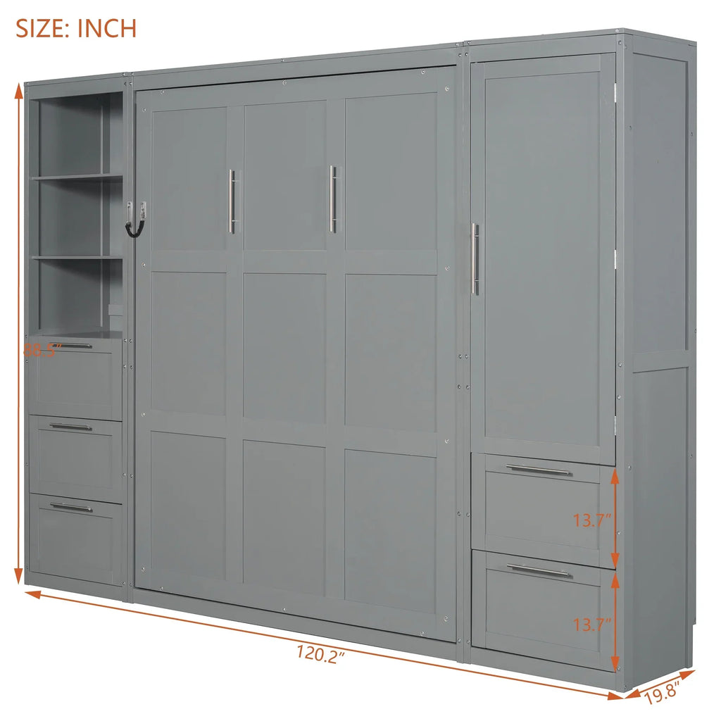 2026 NewNewest Queen Size Murphy Bed Wall Bed with Closet,Drawers, Shelves,Gray