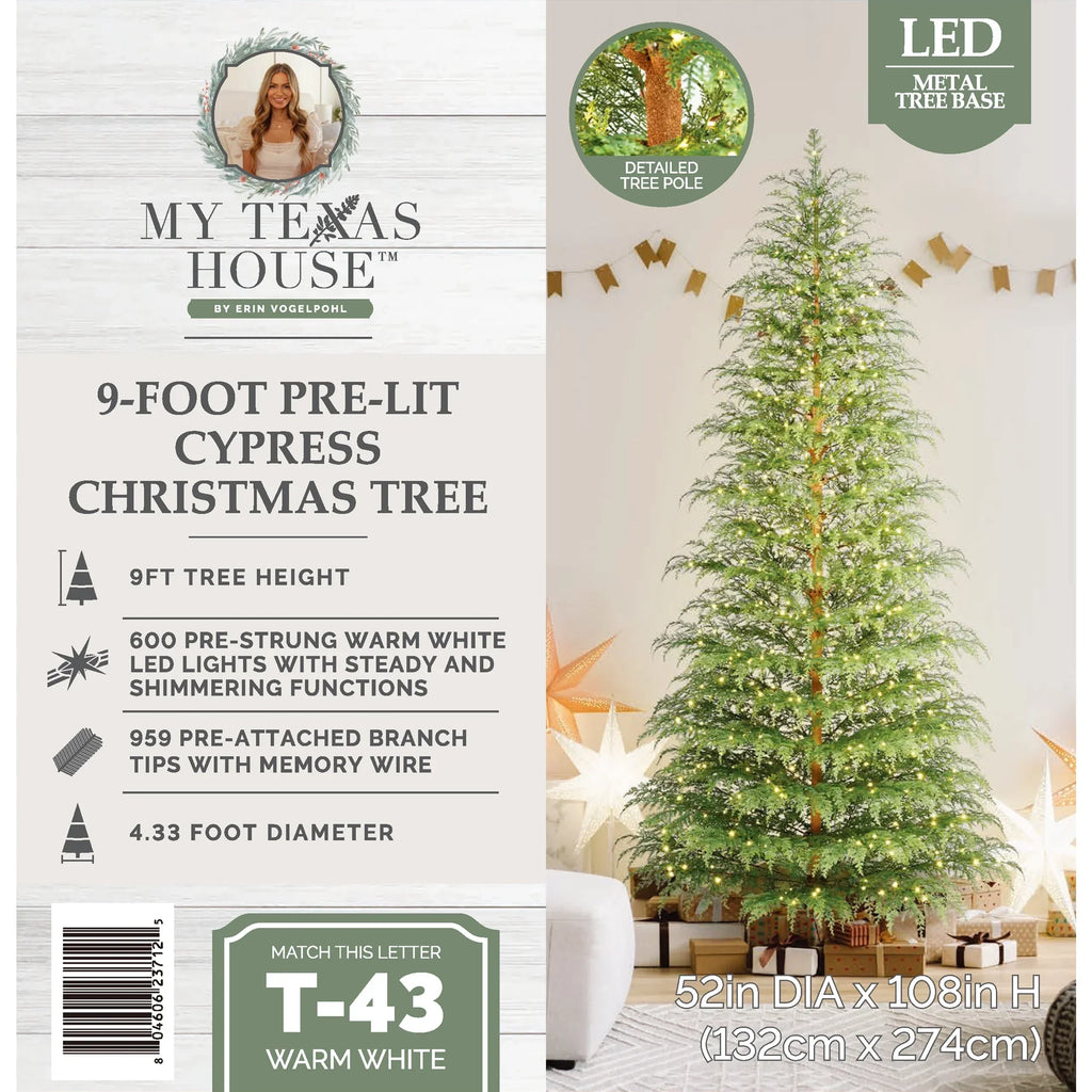 2026 New9' Pre-Lit Green Cypress Artificial Christmas Tree with 600 Warm White Twinkle LED Lights, by My Texas House