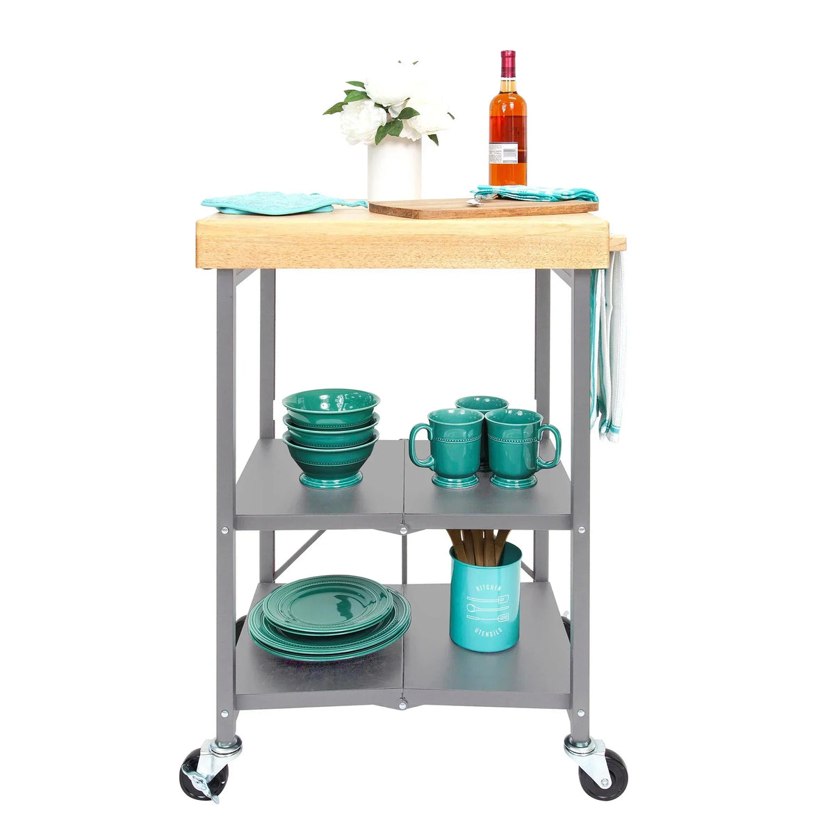 2026 NewOrigami Foldable Wheeled Portable Solid Wood Top Kitchen Island Bar Cart