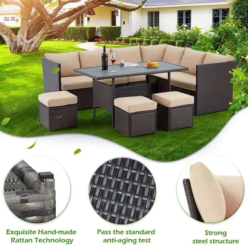 2026 NewAECOJOY 7 Piece Patio Furniture Set PE Rattan Outdoor Dining Set Sectional Sofa Couch with Table Patio Conversation Set in Gray