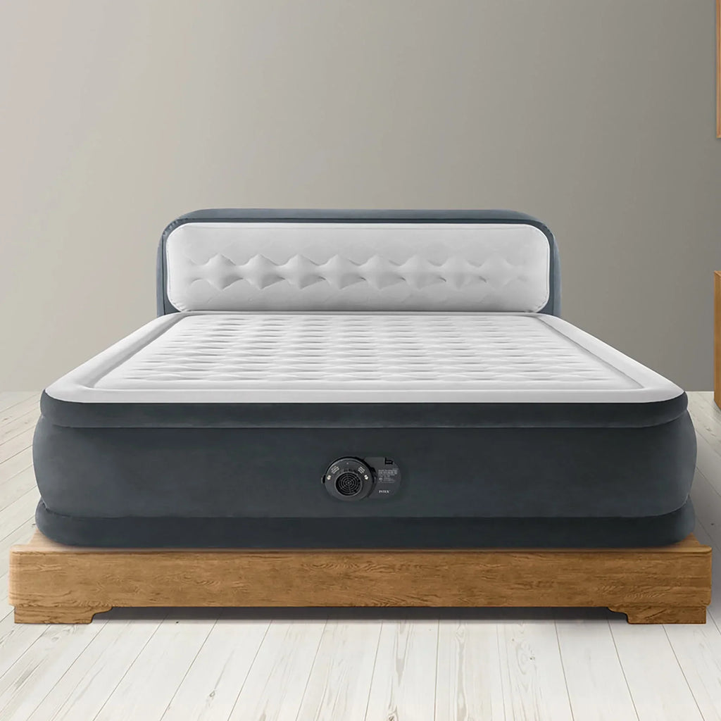 2026 NewIntex: Dura-Beam Deluxe: Ultra Plush Headboard Airbed - Queen - Gray, 18" Inflatable Mattress, Built-In Pump, Fiber-Tech, Carry Bag, 600lb Cap 64447ED