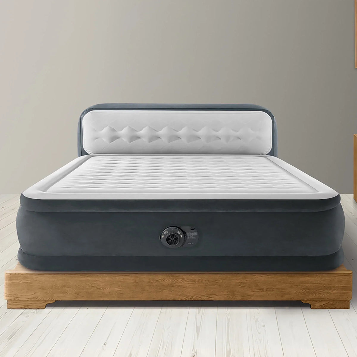 2026 NewIntex: Dura-Beam Deluxe: Ultra Plush Headboard Airbed - Queen - Gray, 18" Inflatable Mattress, Built-In Pump, Fiber-Tech, Carry Bag, 600lb Cap 64447ED