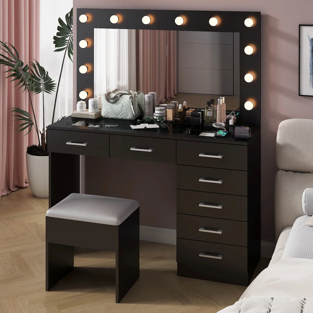 2026 NewKtaxon Large Makeup Vanity, Vanity Table Set w/ Visible Glass Top w/ Charging Station, White