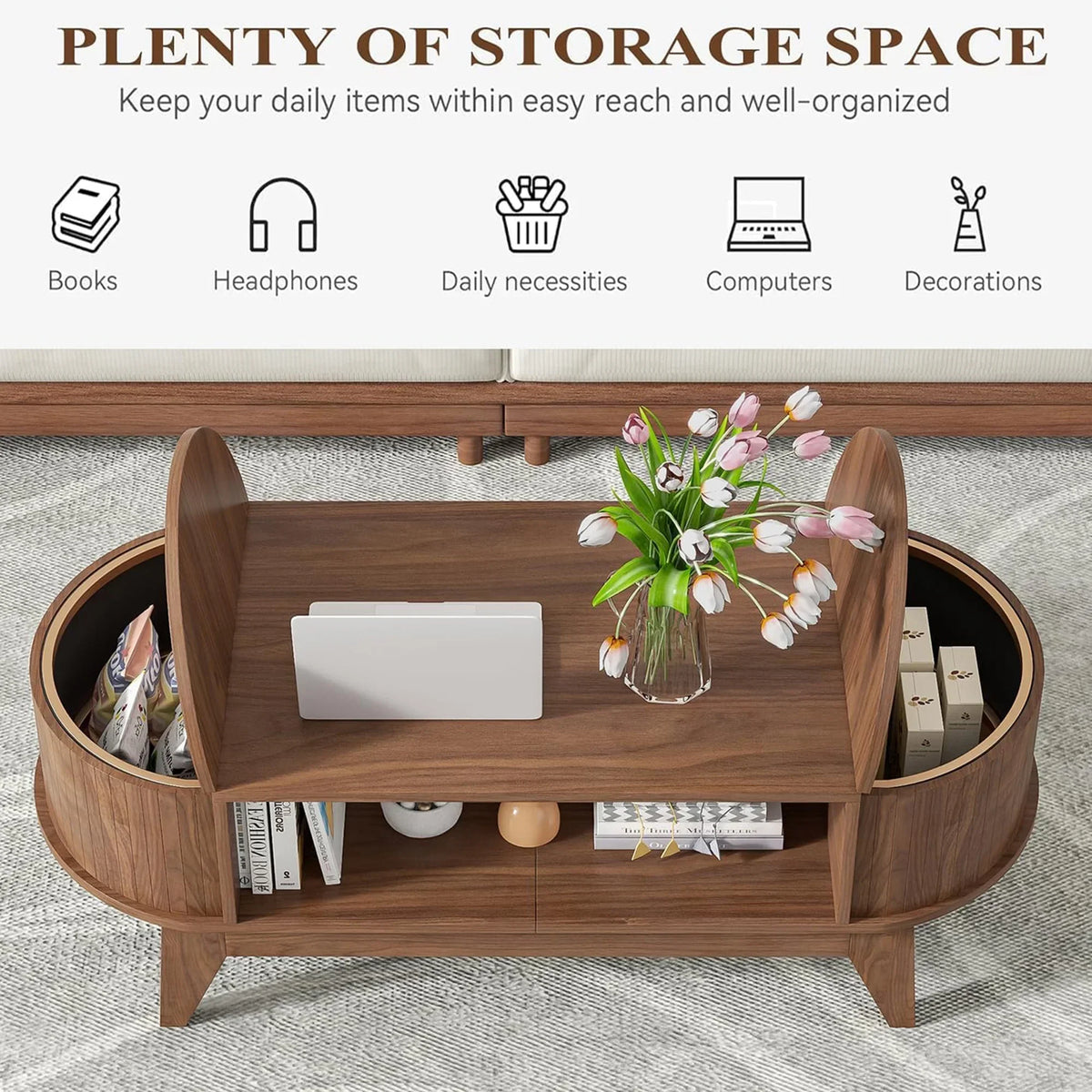 2026 NewFluted Coffee Table with Storage, Modern Coffee Tables, Wood Accent Center Table