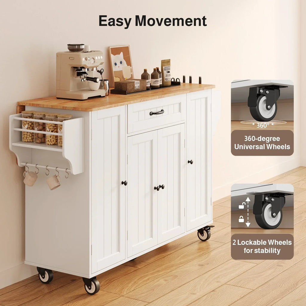 2026 NewNoelse Kitchen Island with Storage, Island Table for Kitchen with Drop Leaf, Spice Rack, Towel Bar for Small Kitchens, White