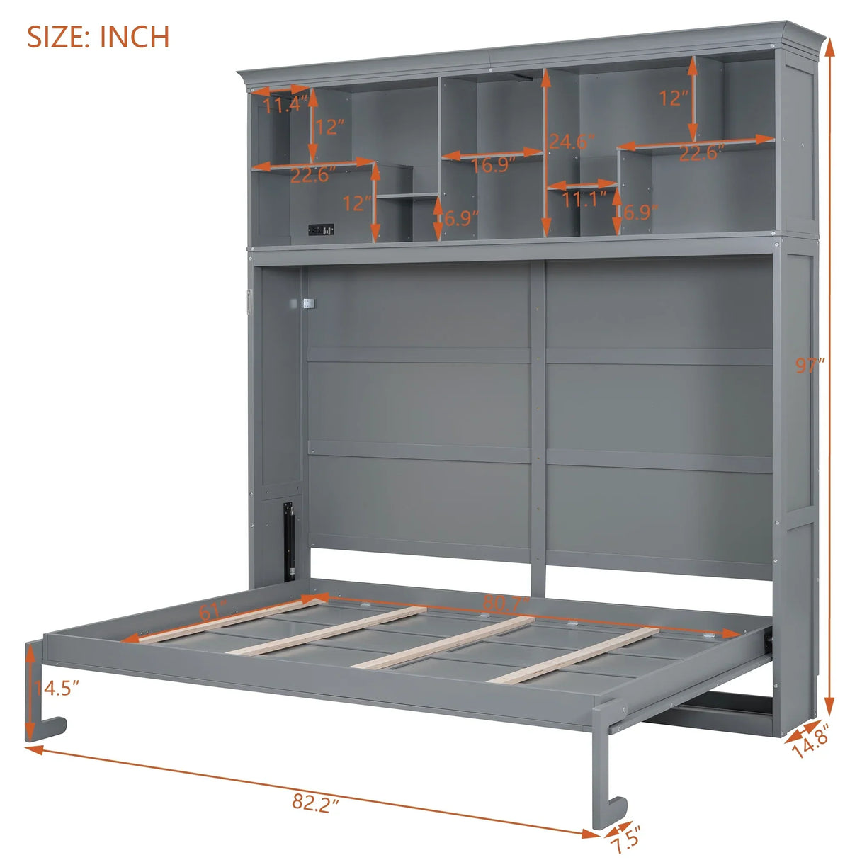2026 NewQueen Size Murphy Bed Wall Bed with Top Shelves & USB Charging, Space-Saving Cabinet Bed with Flexible Slats, Gray Modern Foldable Bed