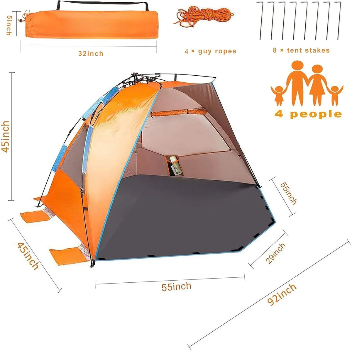 2026 NewX-Large 4 Person Beach Tent Sun Shelter - Portable Sun Shade Instant Tent for Beach with Carrying Bag, Stakes, 6 Sand Pockets, Anti UV for Fishing Hiking Camping, Waterproof Windproof, Orange