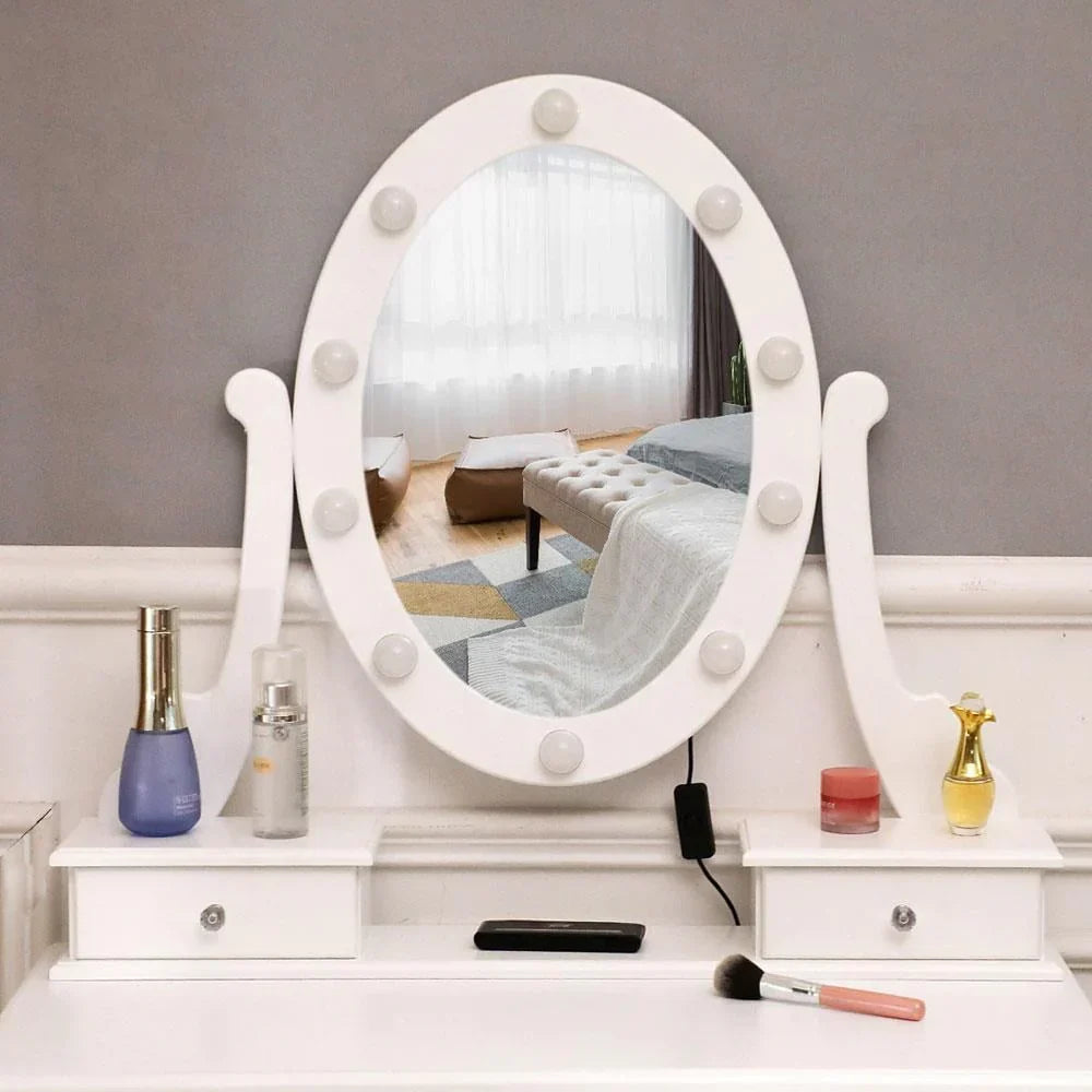 2026 NewKtaxon Vanity Table 10 LED Lights, 5 Drawers Makeup Dressing Desk with Cushioned Stool Set,Bedroom Vanities Set White
