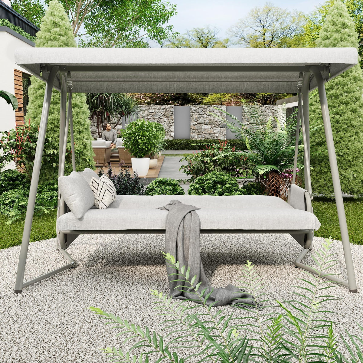 2026 NewTQKVIPI Oversized 4 Person Outdoor Porch Swing with Adjustable Backrest Canopy,2-in-1 Swing Bed 800 lbs Capacity,Patio Swing with Removable Cushions for Yard Garden Poolside Balcony