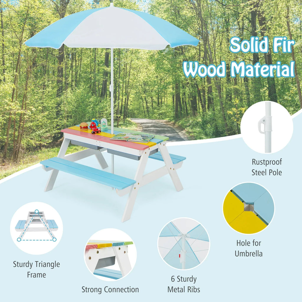 2026 NewCostway 3-in-1 Kids Picnic Table Wooden Outdoor Sand & Water Table with Umbrella Play Boxes Green