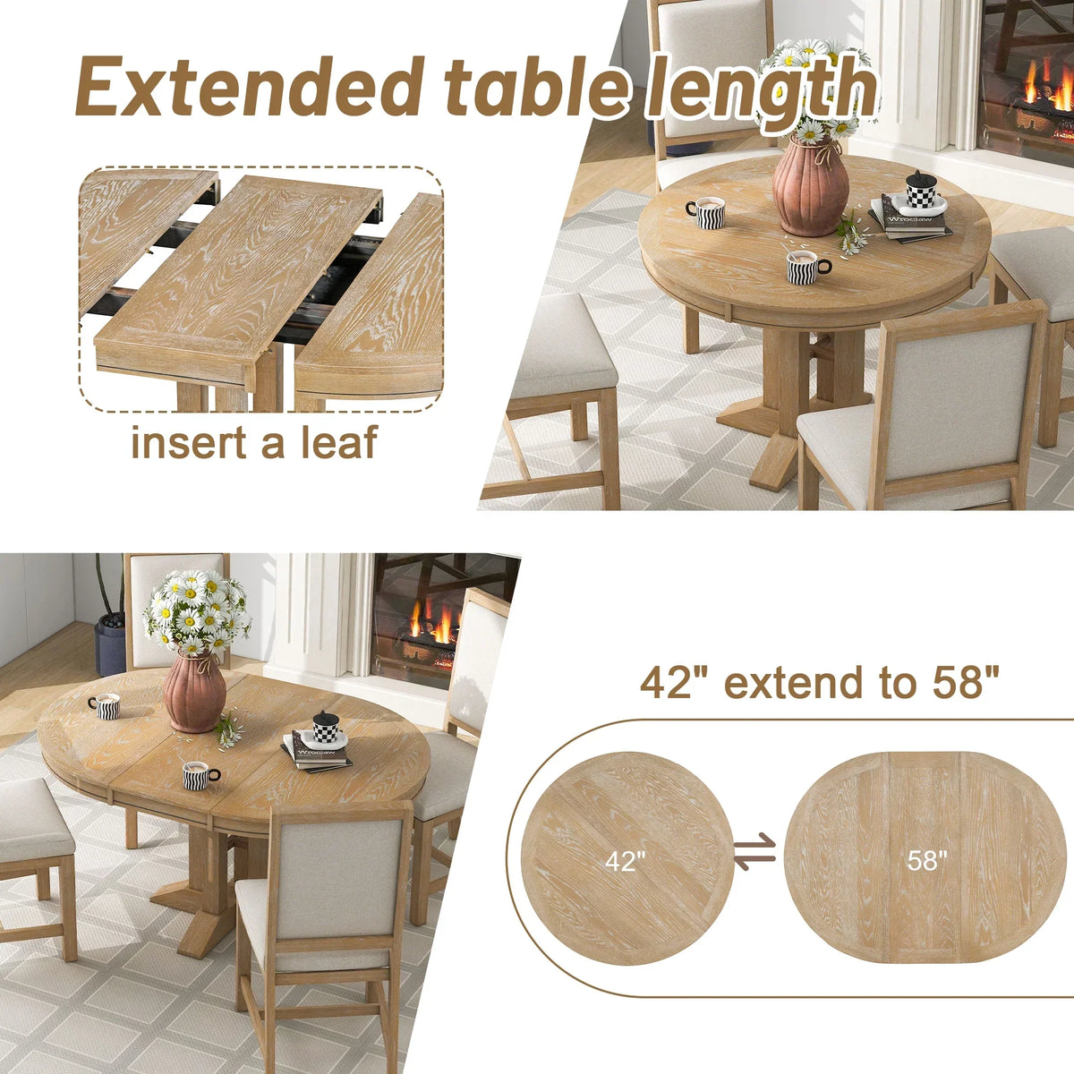 2026 New5 Piece Round Dining Table Set, Dining Room Set with Extendable Table and 4 Upholstered Chairs, Wood Dining Table Set for 4, Farmhouse Dining Table Set for Kitchen Dining Room Dorm Apartment, Brown
