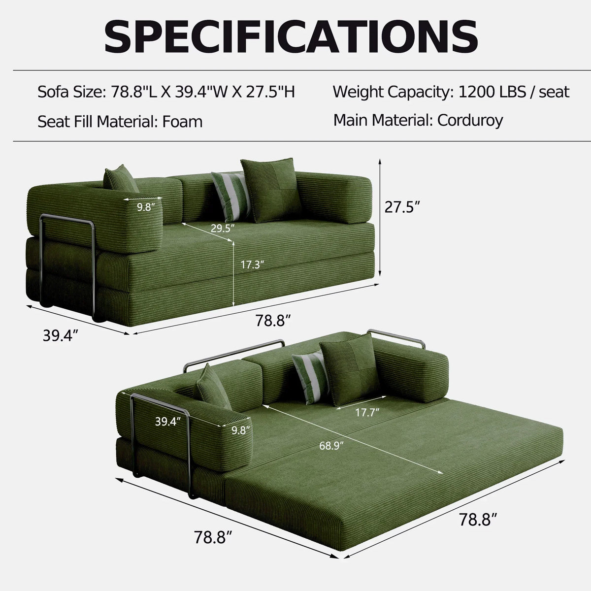 2026 NewConvertible Sleeper Sofa Bed,Compressed Floor Boneless Couch,Modular Modern Corduroy Sofa for Living Room Bedroom -with Fixed-Shape Frame and Support Armrest,Easy Assembly(Green)