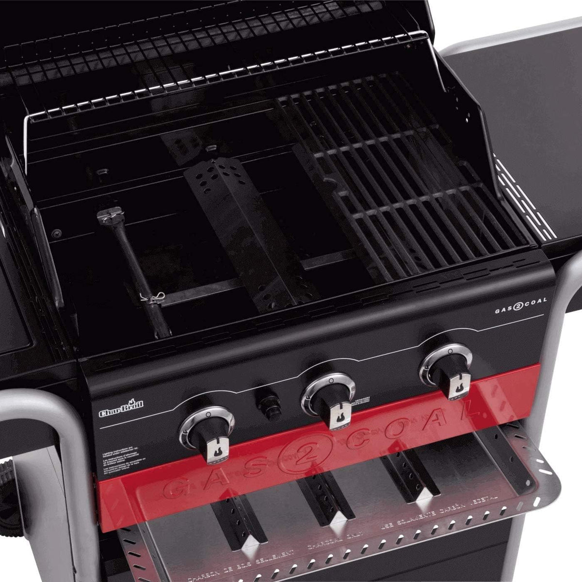 2026 Gas2Coal® Barbacoa híbrida: barbacoa de gas y carbón de tres quemadores, acabado en negro.