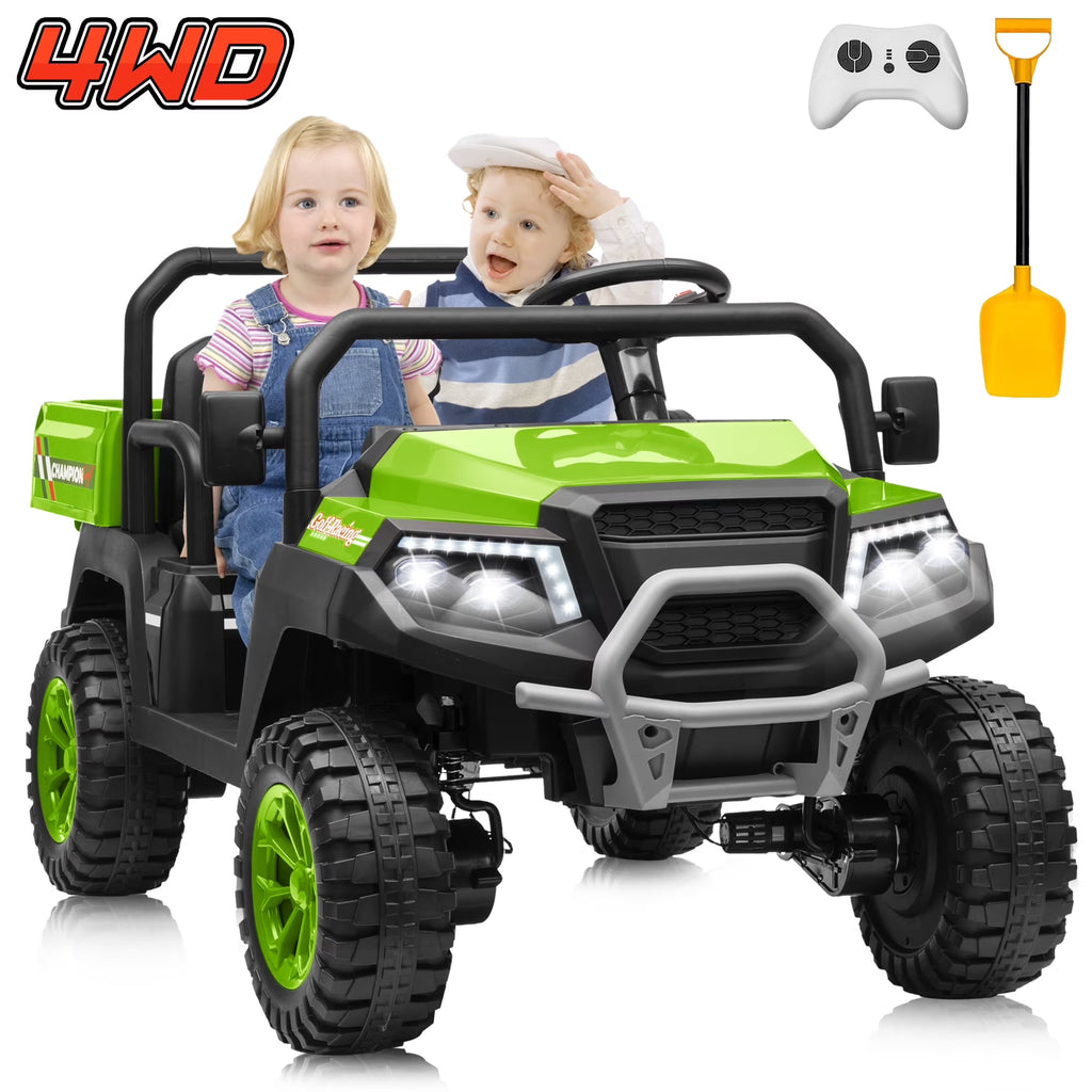 2026 NewJoyracer 4WD 24 Volt Ride on Toys UTV with 2 Seater & Remote Control, Kids Electric Golf Cart w/ 4x200W Power Motors, Tiltable Trailer & Shovel, 4 Wheels Spring Suspension, Bluetooth USB Music, Black