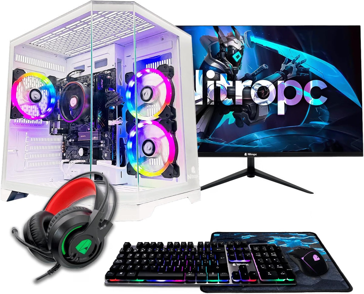 2026 NitroPC - Pack Avanzado | PC Gaming Completo (AMD Ryzen 5 3400G 4/8, RX Vega 11, RAM 16GB, 480 GB SSD, Windows 11 Pro| WiFi, Monitor 24", Teclado, ratón, Auriculares) Ordenador sobremesa (Blanco)