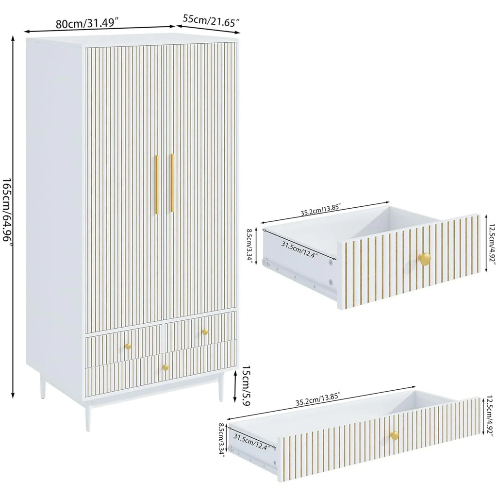 2026 NewOubayajia Wardrobe Armoire Closet, 2 Fluted Doors Wardrobe Cabinet with 3-Drawer and Hanging Rod, Wood Wardrobe Storage for Bedroom