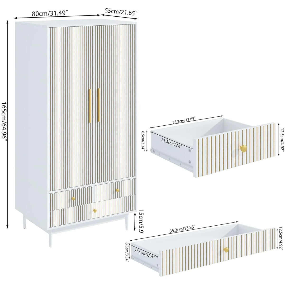 2026 NewOubayajia Wardrobe Armoire Closet, 2 Fluted Doors Wardrobe Cabinet with 3-Drawer and Hanging Rod, Wood Wardrobe Storage for Bedroom