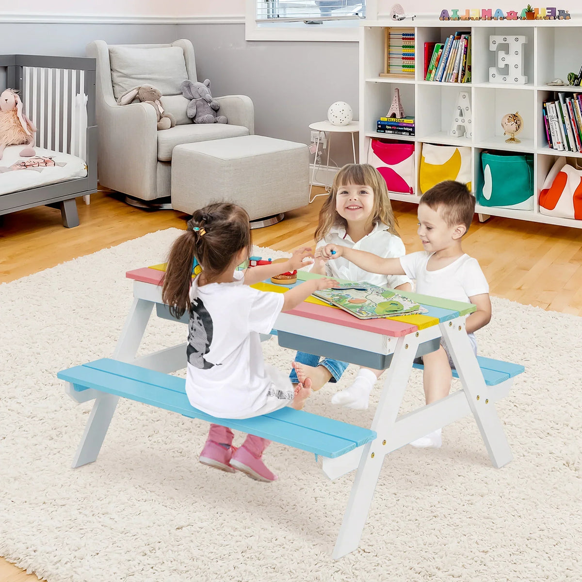 2026 NewCostway 3-in-1 Kids Picnic Table Wooden Outdoor Sand & Water Table with Umbrella Play Boxes Green