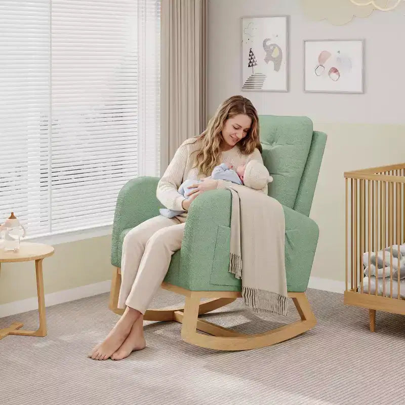 2026 Sillón mecedora deslizante tapizado con bolsillo lateral, estructura de madera, 1 plaza