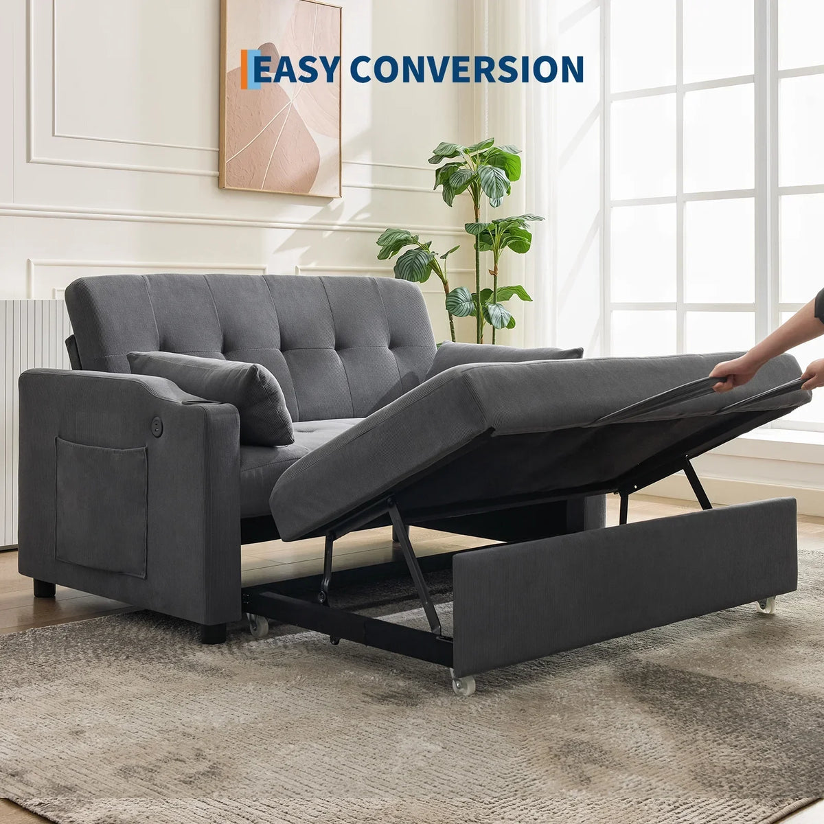 2026 New3 in 1 Convertible Sleeper Sofa Bed, Corduroy Futon Couches with Pull-Out Bed, Adjustable Backrest, Charging Port & Side Pockets, Modern Upholstered Sofa for Living Room, Guest Room