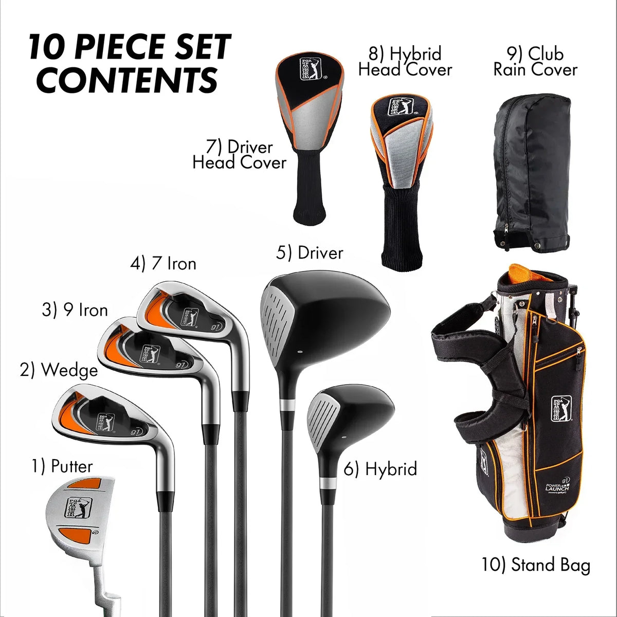 2026 NewPGA Tour Right-Handed 10 Piece Kids Golf Club Stand Bag Set; Player Height 4'8 - 5'2", Ages 8-12