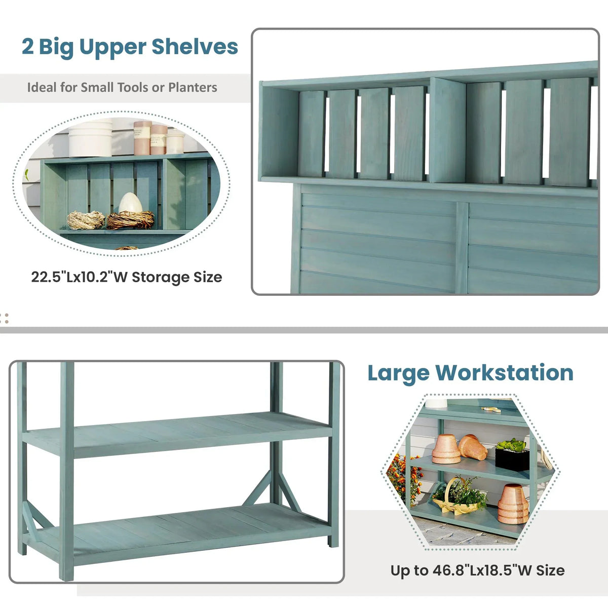 2026 New65" Large Wooden Farmhouse Rustic Outdoor Potting Bench Table, Patio Workstation, Garden Potting Bench with 4 Storage Shelves and Side Hook,Green