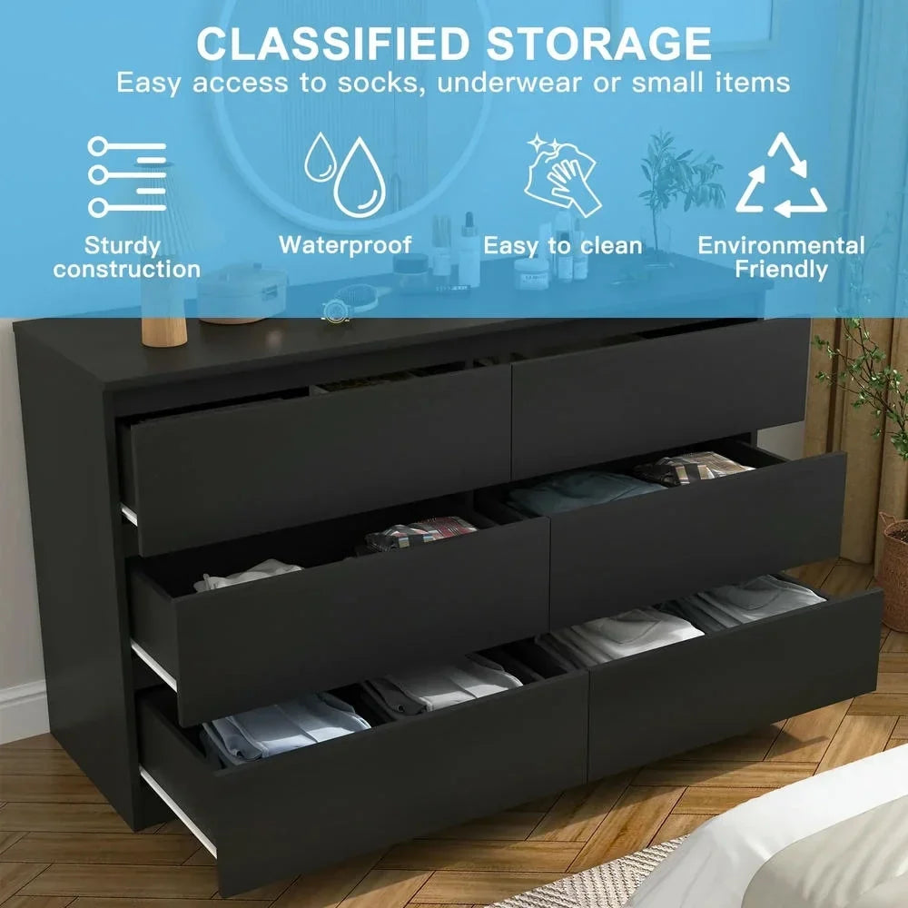 2026 NewKadyn Modern 6 Drawer Dresser Wood Cabinet,Dresser for Bedroom, Kitchen Storage Cabinet with Drawers, Chest of Drawers(Black)