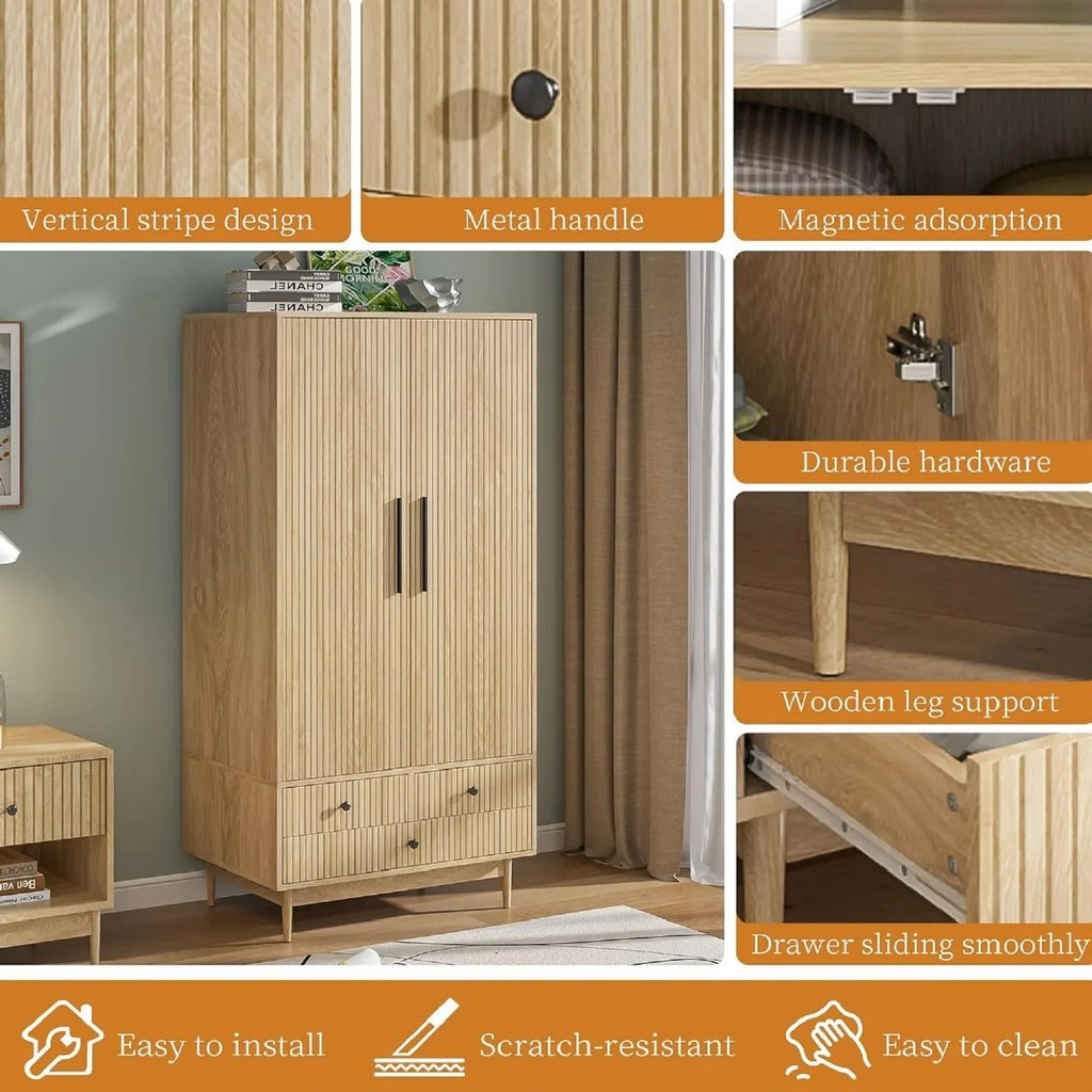 2026 NewArmoire Wardrobe Closet with 2 Doors, Wardrobe Cabinet with Hanging Rod and Drawers, Wooden Closet for Bedroom, White