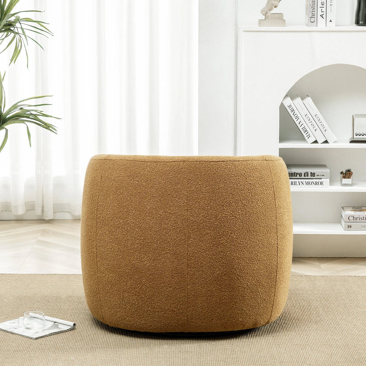 2026 New34" Wide Boucle Swivel Barrel Chair, No Assembly Round Upholstered Armchair Accent Chair Single Sofa Chair with Toss Pillow for Living Room and Bedroom, Taupe