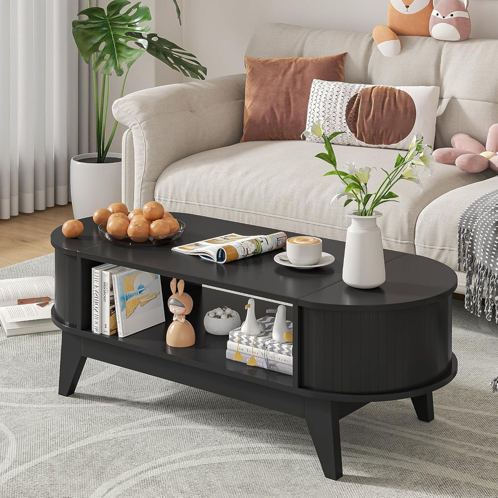 2026 NewFluted Coffee Table with Storage, Modern Coffee Tables, Wood Accent Center Table