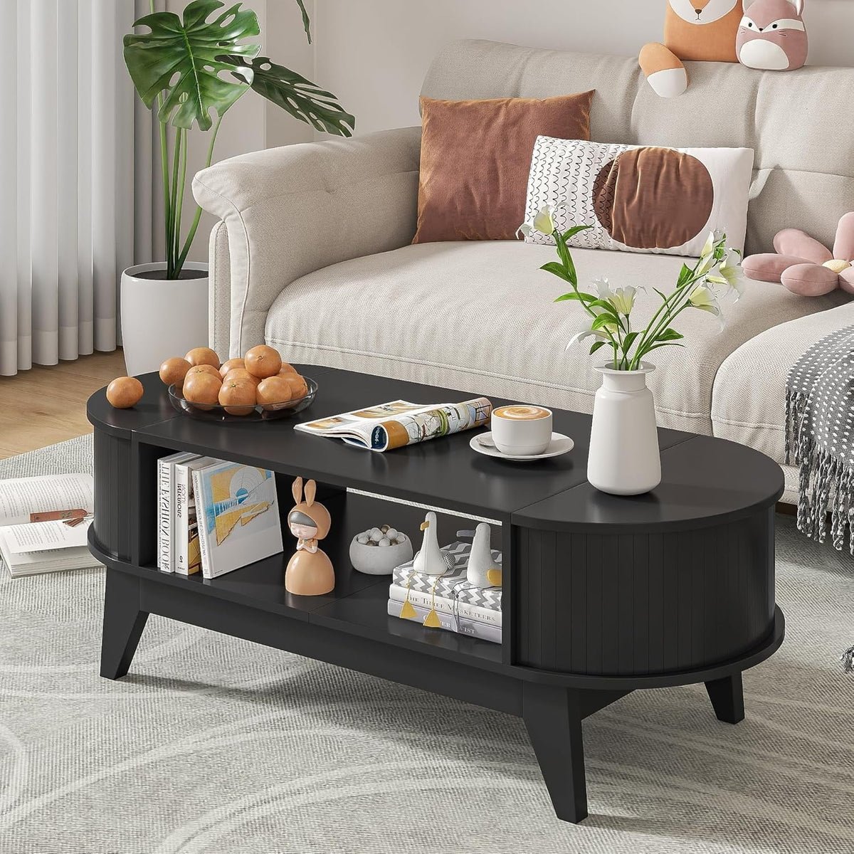 2026 NewFluted Coffee Table with Storage, Modern Coffee Tables, Wood Accent Center Table