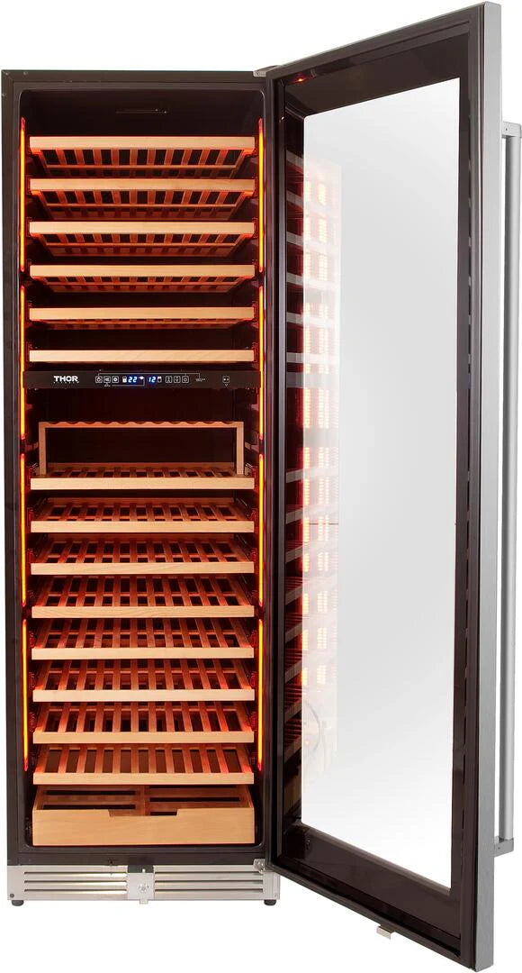 2026 Enfriador de vino Thor de 24 pulgadas, acero inoxidable, con capacidad para 162 botellas y doble zona de refrigeración.