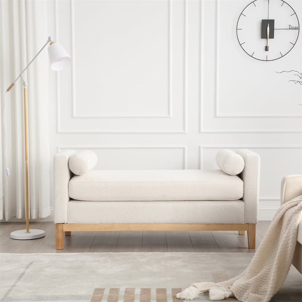 2026 New53.5"W Elegant Upholstered Bench with Wood Legs & Round Pillows,Comfy Boucle Fabric Footrest with Arms, Entryway Bench for End of Bed, Bedroom and Living Room, Ivory