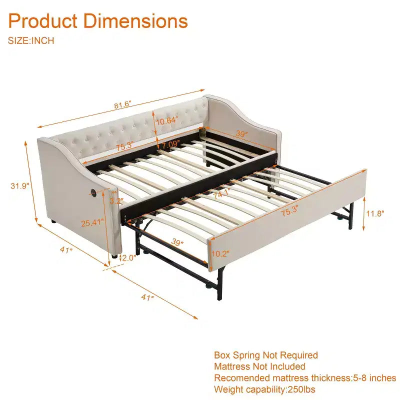2026 Cama sofá Twin con cama nido, tapizada en terciopelo, puerto USB y bolsillos laterales - ModernLuxe