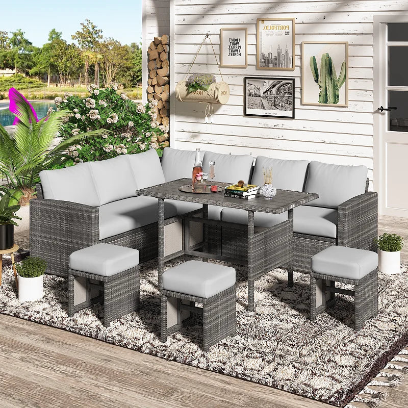 2026 NewAECOJOY 7 Piece Patio Furniture Set PE Rattan Outdoor Dining Set Sectional Sofa Couch with Table Patio Conversation Set in Gray