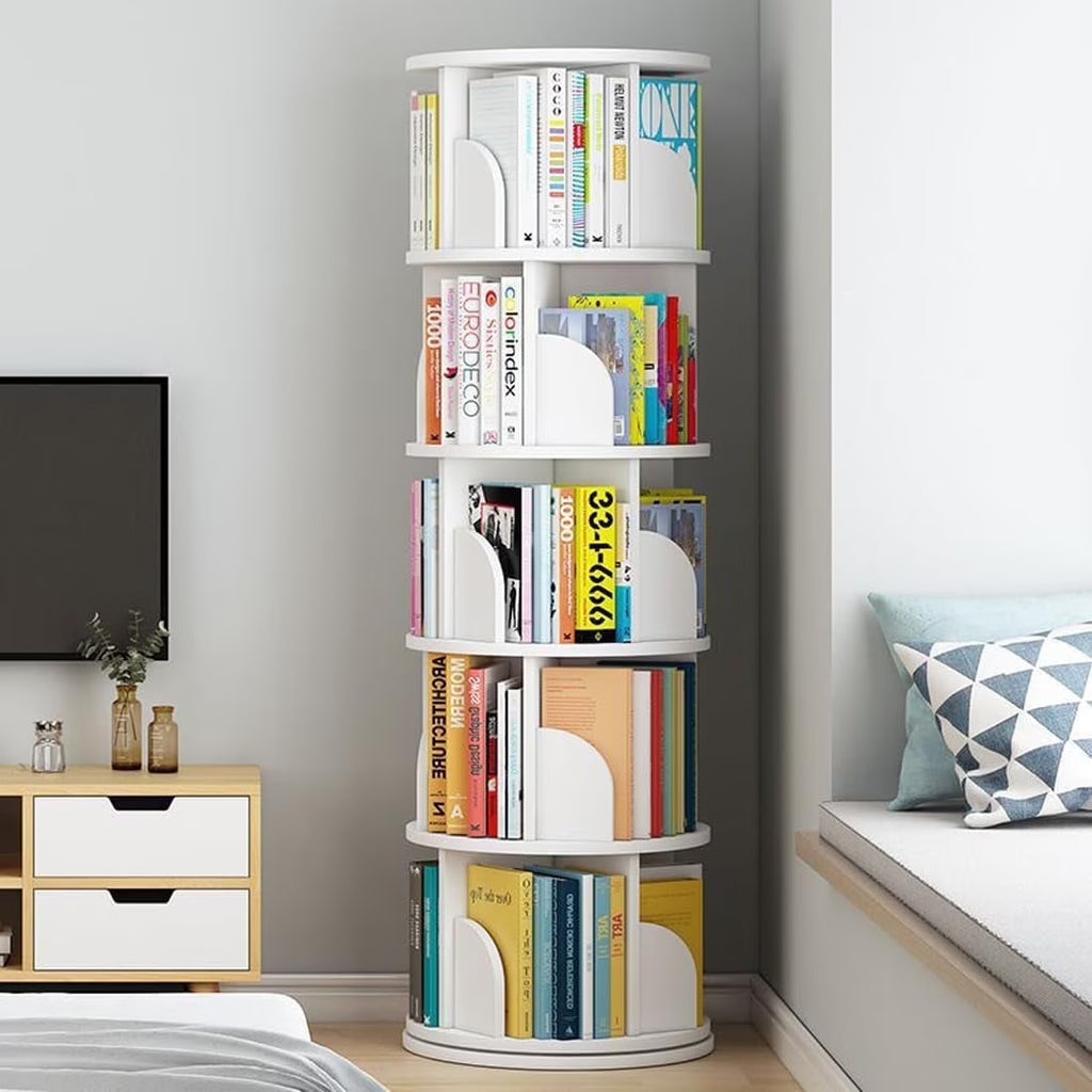 2026 NewBimiti 5 Tier Rotating Bookshelf, 360?" Revolving Bookcase 20 Shelves Floor-Standing Storage Display Rack - White 63"x18"x18", Adult