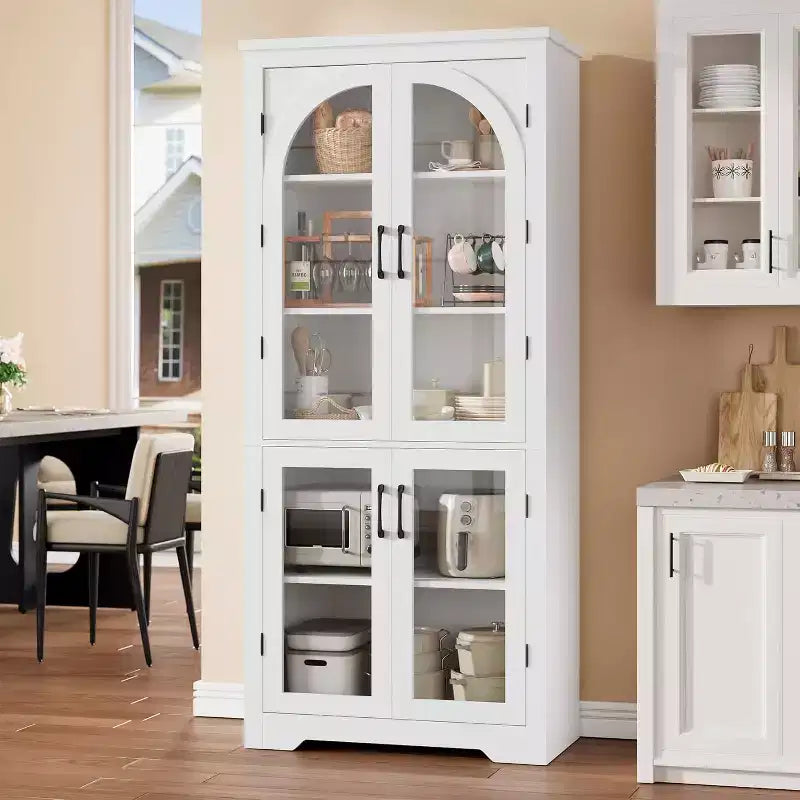 2026 Armario despensa de 70" natural/blanco con 4 puertas de cristal arqueadas y estantes ajustables