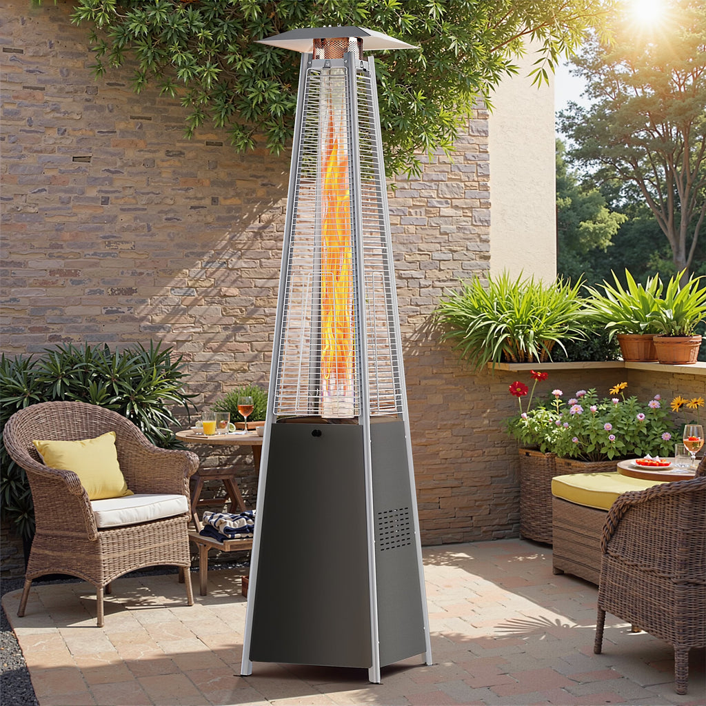 2026 NewSegmart 48,000 BTU Pyramid Patio Heater, Tall Standing Outdoor Propane Heater with Wheels & Tip-Over Safety Protection, Visible Flame Glass Tube for Backyard, Garden, Commercial Use - Gray