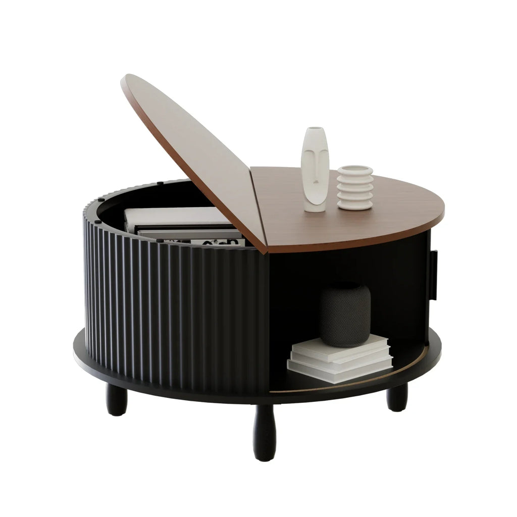 2026 NewRUMLIVE Round Coffee Table with Storage, 30.7" Modern Coffee Table with 360" Curved Sliding Door, Fluted Wood Coffee Table with Footpads, Round Center Table for Living Room, Black