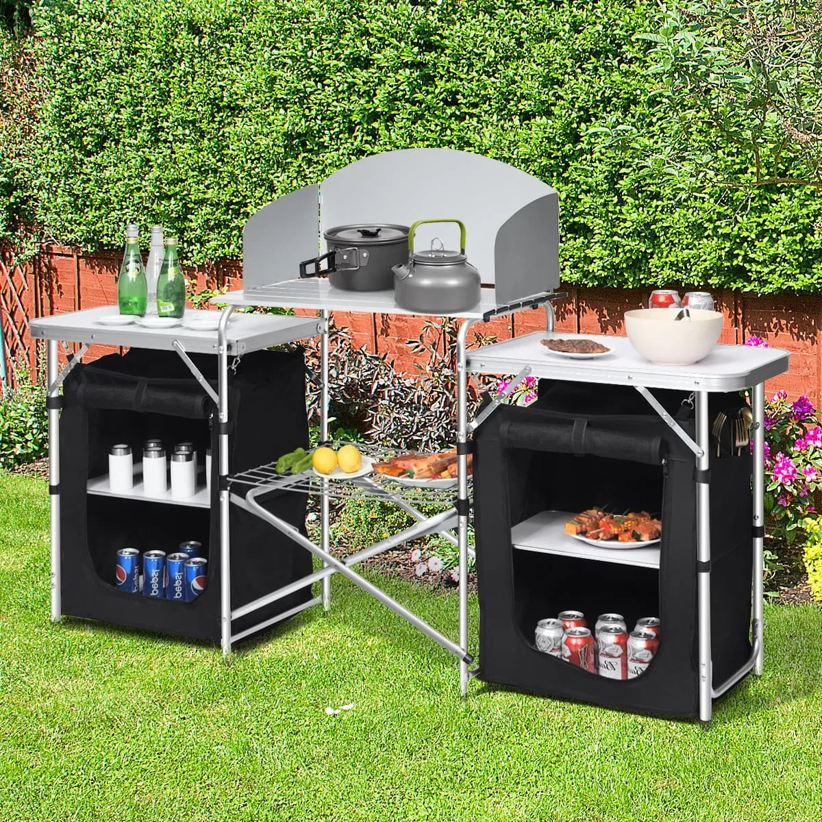 2026 NewGoplus Folding Portable Aluminum Camping Grill Table w/ Storage Organizer Windscreen Black