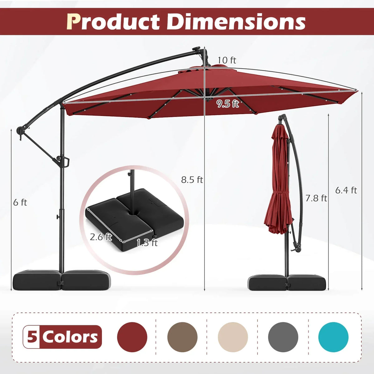 2026 NewCostway 10 FT Solar Offset Hanging Umbrella Patio Cantilever Umbrella with 32 LED Lights Brown