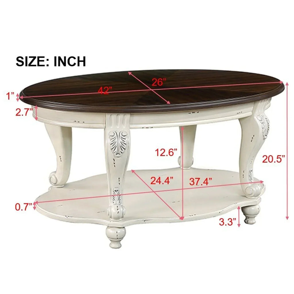 2026 New42" Oval Coffee Table with Storage Shelf, 2-Tier Solid Wood Cocktail Tea Table, Traditional Retro Center Table for Living Room, Bearing 400LBS, Cherry