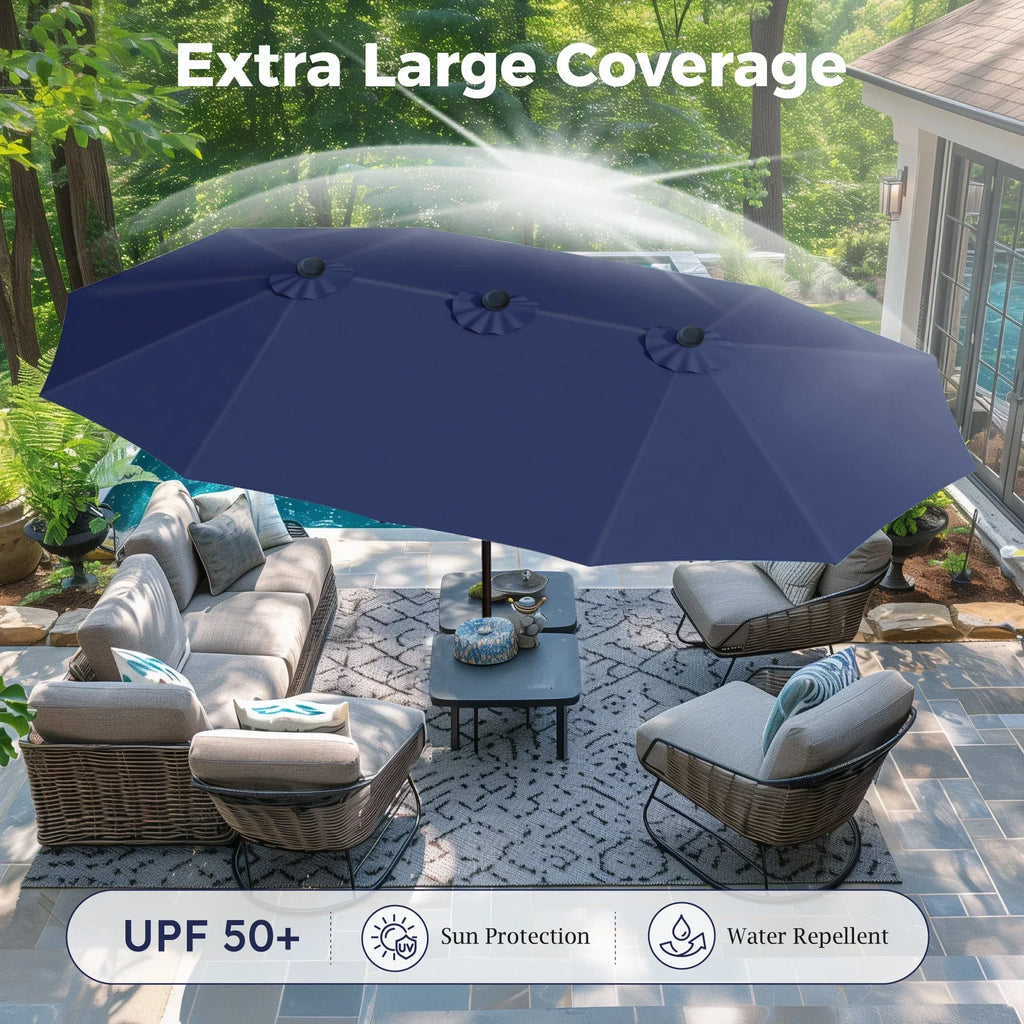 2026 NewAlpha Joy 15ft Outdoor Patio Umbrella Extra-Large Double-Sided Garden Umbrella with Crank Handle and Base - Smoky Gray