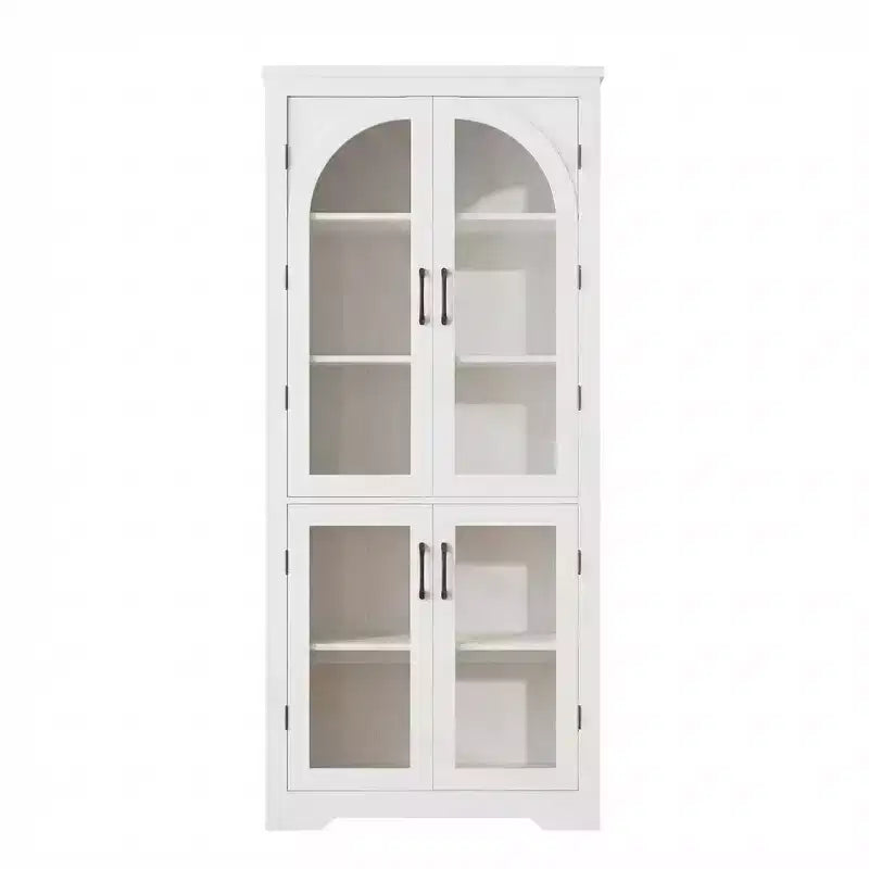 2026 Armario despensa de 70" natural/blanco con 4 puertas de cristal arqueadas y estantes ajustables