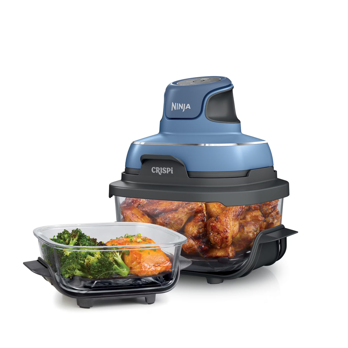 2026 NewNinja Crispi 3-in-1 Portable Glass Air Fryer Cooking System, 1500W, 4-Qt & 5-Cup TempWare Glass Containers with Storage Lids, Microwave, Freezer & Dishwasher Safe, White, FN100WH