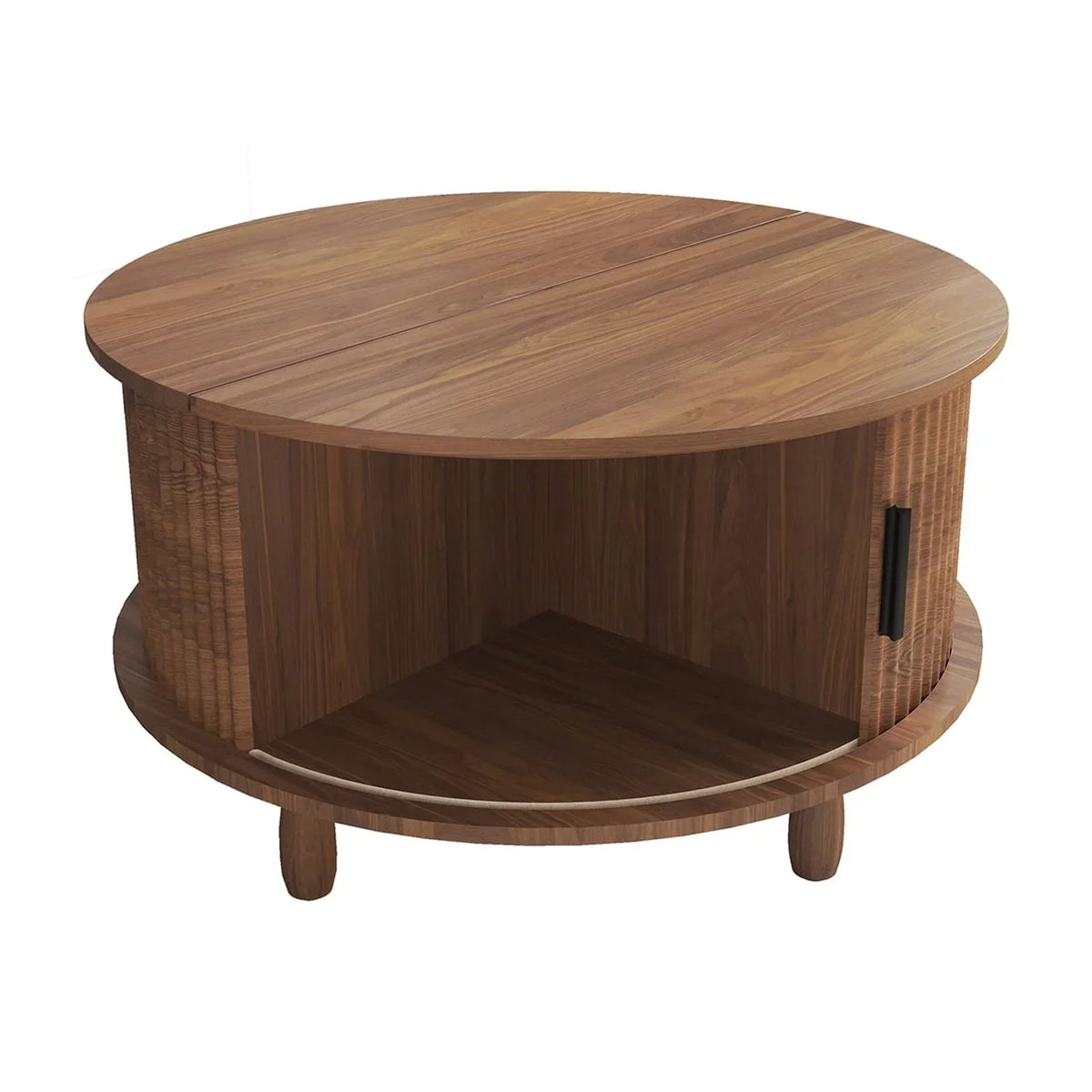 2026 NewRUMLIVE Round Coffee Table with Storage, 30.7" Modern Coffee Table with 360" Curved Sliding Door, Fluted Wood Coffee Table with Footpads, Round Center Table for Living Room, Black