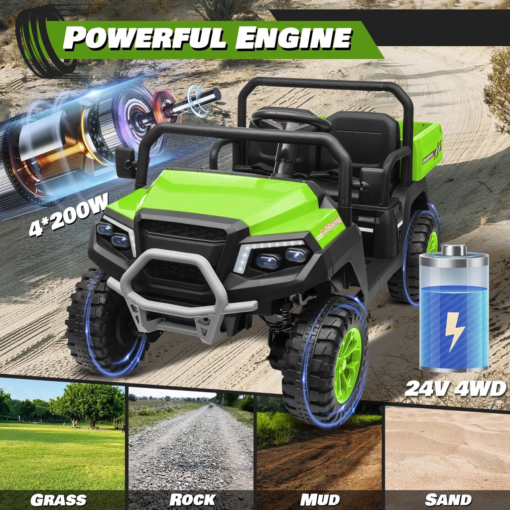 2026 NewJoyracer 4WD 24 Volt Ride on Toys UTV with 2 Seater & Remote Control, Kids Electric Golf Cart w/ 4x200W Power Motors, Tiltable Trailer & Shovel, 4 Wheels Spring Suspension, Bluetooth USB Music, Black