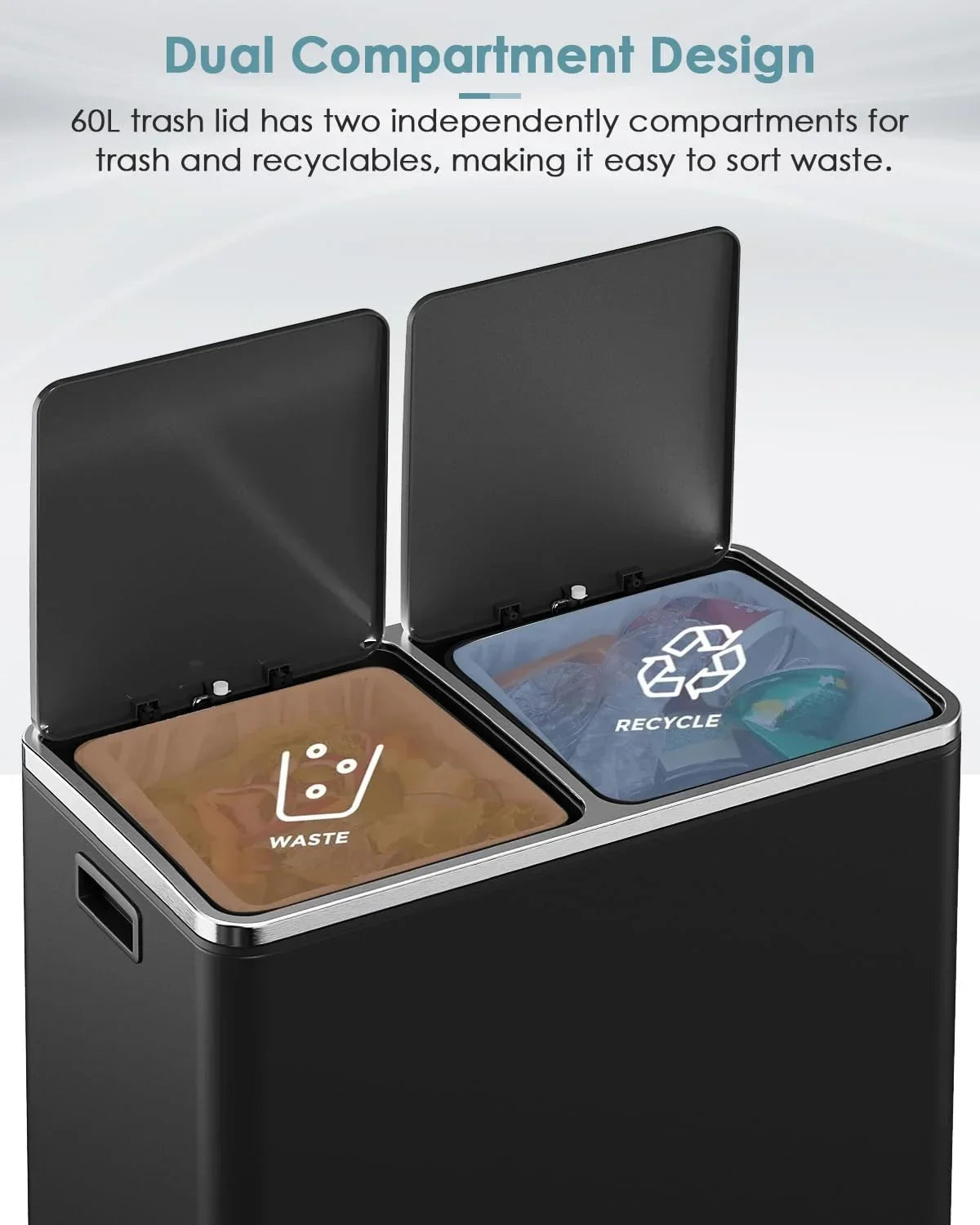 2026 NewArlopu 60 L/16 gal Dual Trash Can, Stainless Steel Garbage Can for Kitchen, Recycle Bin with Lid