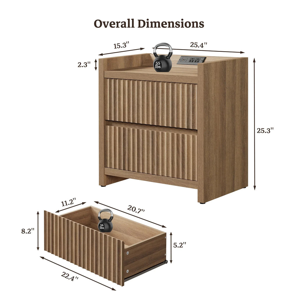 2026 NewSICOTAS 25.4" Wide Nightstand Set of 2 with Charging Station, Modern Night Stand with 2 Fluted Dresser & Handle-Less Storage Farmhouse Bed Side Table for Bedroom, Natural Oak
