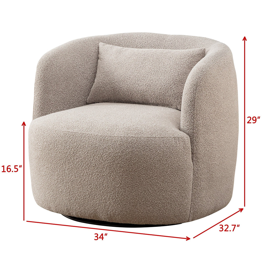 2026 New34" Wide Boucle Swivel Barrel Chair, No Assembly Round Upholstered Armchair Accent Chair Single Sofa Chair with Toss Pillow for Living Room and Bedroom, Taupe